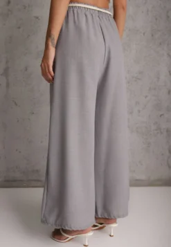 Szare Wiskozowe Spodnie Typu Palazzo High Waist Ozdobione Paskiem Sznurkiem Alemea