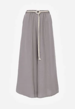 Szare Wiskozowe Spodnie Typu Palazzo High Waist Ozdobione Paskiem Sznurkiem Alemea