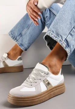 Szaro-Białe Sneakersy na Grubej Podeszwie z Ozdobnymi Przeszyciami Ysdole