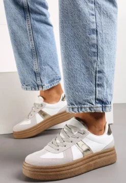 Szaro-Białe Sneakersy na Grubej Podeszwie z Ozdobnymi Przeszyciami Ysdole