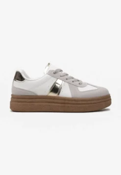 Szaro-Białe Sneakersy na Grubej Podeszwie z Ozdobnymi Przeszyciami Ysdole