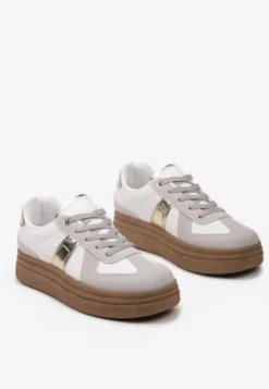 Szaro-Białe Sneakersy na Grubej Podeszwie z Ozdobnymi Przeszyciami Ysdole