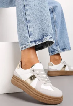 Szaro-Białe Sneakersy na Grubej Podeszwie z Ozdobnymi Przeszyciami Ysdole