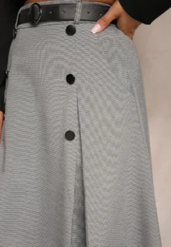 Szaro-Czarna Spódnica o Rozkloszowanym Kroju High Waist z Guzikami Paskiem i Gumką w Talii Verianne