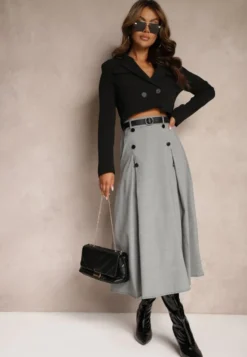 Szaro-Czarna Spódnica o Rozkloszowanym Kroju High Waist z Guzikami Paskiem i Gumką w Talii Verianne