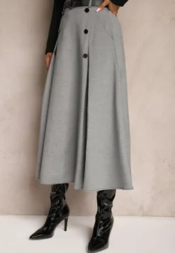 Szaro-Czarna Spódnica o Rozkloszowanym Kroju High Waist z Guzikami Paskiem i Gumką w Talii Verianne
