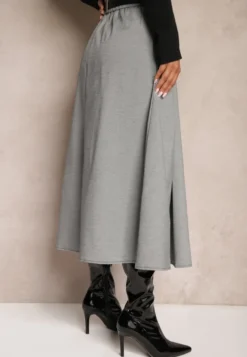 Szaro-Czarna Spódnica o Rozkloszowanym Kroju High Waist z Guzikami Paskiem i Gumką w Talii Verianne
