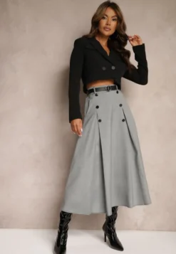 Szaro-Czarna Spódnica o Rozkloszowanym Kroju High Waist z Guzikami Paskiem i Gumką w Talii Verianne