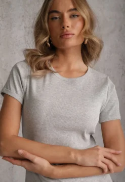 Szary Bawełniany T-shirt o Dopasowanym Kroju z Prążkowanego Materiału Lailya