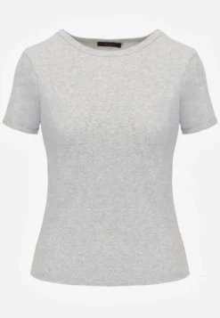 Szary Bawełniany T-shirt o Dopasowanym Kroju z Prążkowanego Materiału Lailya