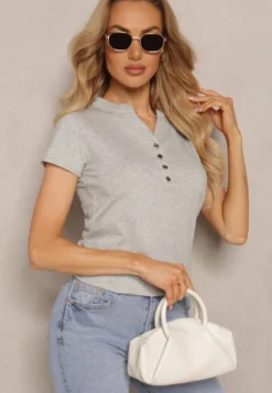 Szary Bawełniany T-shirt z Guzikami przy Dekolcie Wialina