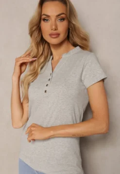 Szary Bawełniany T-shirt z Guzikami przy Dekolcie Wialina