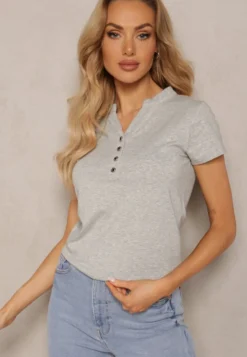 Szary Bawełniany T-shirt z Guzikami przy Dekolcie Wialina