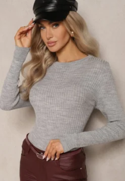 Szary Casualowy Sweter z Prążkowanego Materiału Zintra