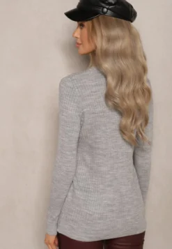 Szary Casualowy Sweter z Prążkowanego Materiału Zintra