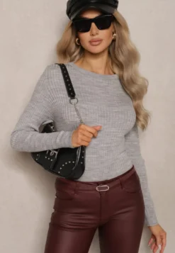 Szary Casualowy Sweter z Prążkowanego Materiału Zintra