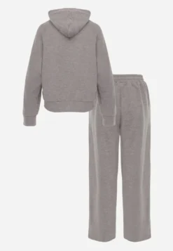 Szary Komplet Dresowy Spodnie Wide Leg i Bluza z Kapturem i Aplikacjami Nailena