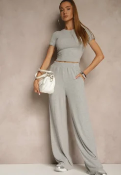 Szary Komplet z Bawełny T-shirt Typu Crop Top i Spodnie Wide Leg Nelisandra