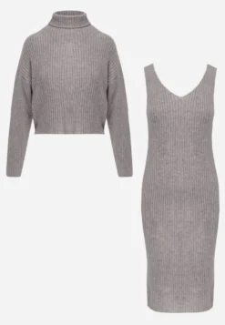 Szary Prążkowany Komplet z Dzianiny z Wełną i Bawełną Golf i Sukienka Bodycon Mirrela
