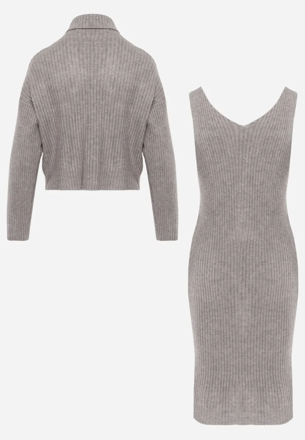 Szary Prążkowany Komplet z Dzianiny z Wełną i Bawełną Golf i Sukienka Bodycon Mirrela