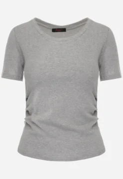 Szary T-shirt w Prążki z Marszczeniami po Bokach Nedala