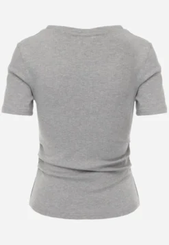 Szary T-shirt w Prążki z Marszczeniami po Bokach Nedala