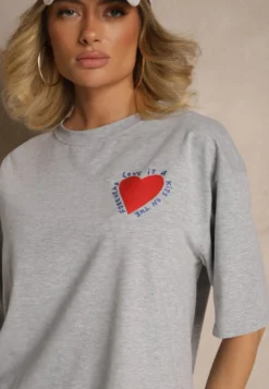 Szary T-shirt z Bawełny Ozdobiony Sercem Ranira