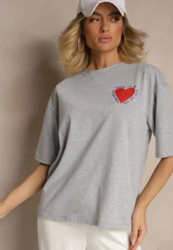 Szary T-shirt z Bawełny Ozdobiony Sercem Ranira