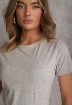 Szary T-shirt z Bawełny z Okrągłym Dekoltem Nedima