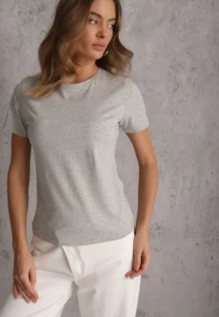Szary T-shirt z Bawełny z Okrągłym Dekoltem Nedima