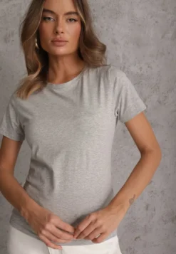 Szary T-shirt z Bawełny z Okrągłym Dekoltem Nedima