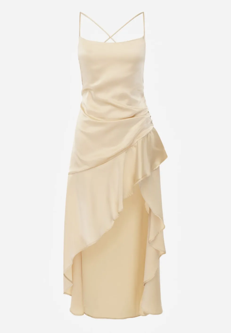 Żółta Asymetryczna Sukienka z Satyny z Odkrytymi Plecami i Falbaną Ocera