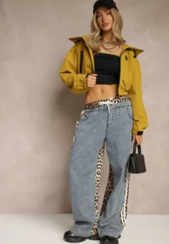 Żółta Kurtka w Stylu Oversize z Kapturem i Kieszeniami Lorlio