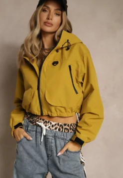 Żółta Kurtka w Stylu Oversize z Kapturem i Kieszeniami Lorlio