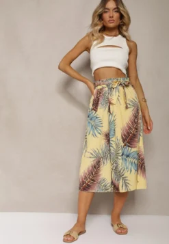 Żółte Plisowane Spodnie z Szerokimi Nogawkami High Waist z Gumką w Talii Alfia