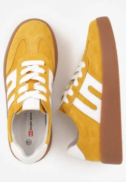 Żółte Sneakersy Skórzane w Stylu Tenisówek z Geometrycznym Wzorem Eshiryla