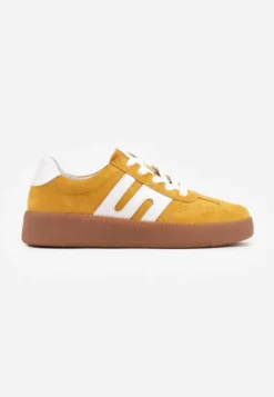 Żółte Sneakersy Skórzane w Stylu Tenisówek z Geometrycznym Wzorem Eshiryla