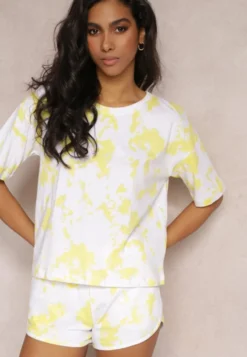 Żółte Szorty z Gumką w Pasie ze Wzorem Tie Dye Nurici