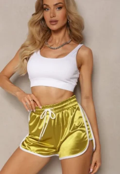 Żółte Szorty z Gumką w Talii High Waist z Lampasami Timallena