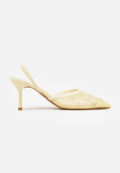 Żółte Szpilki VICES Slingback z Noskami w Szpic Ozdobionymi Haftem i Koralikami Laraidina