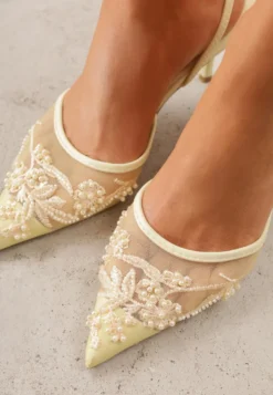 Żółte Szpilki VICES Slingback z Noskami w Szpic Ozdobionymi Haftem i Koralikami Laraidina