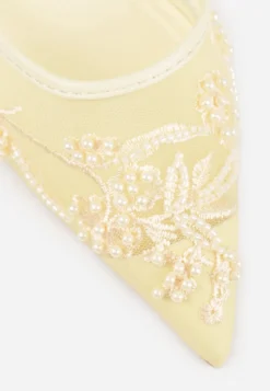 Żółte Szpilki VICES Slingback z Noskami w Szpic Ozdobionymi Haftem i Koralikami Laraidina