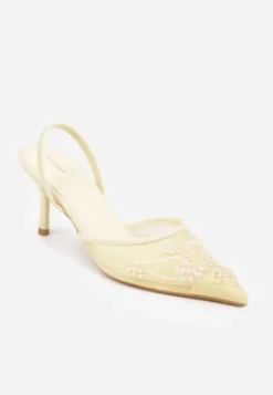 Żółte Szpilki VICES Slingback z Noskami w Szpic Ozdobionymi Haftem i Koralikami Laraidina