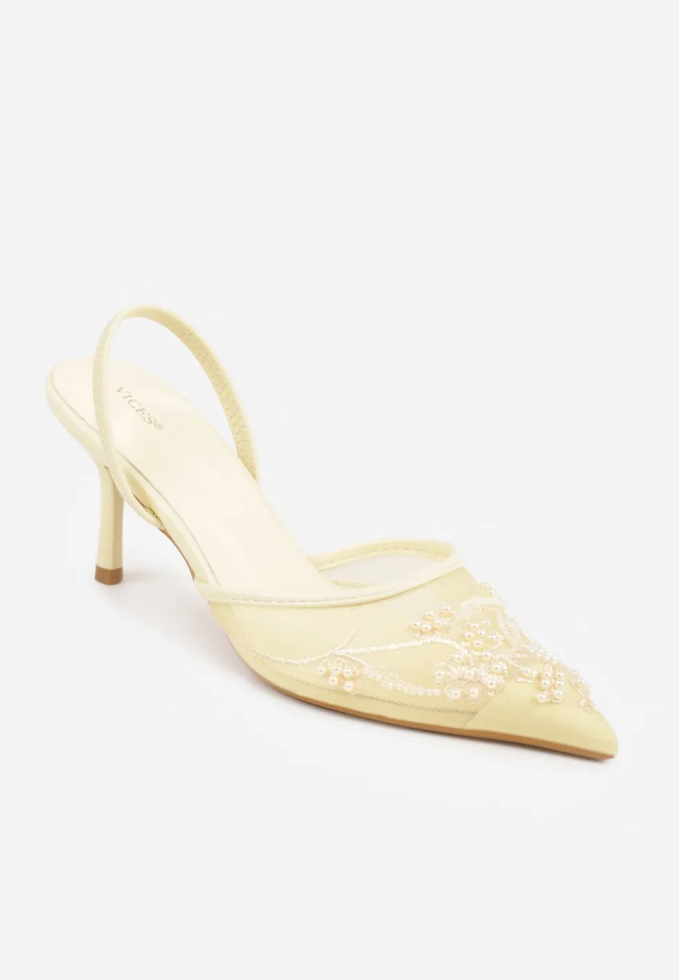 Żółte Szpilki VICES Slingback z Noskami w Szpic Ozdobionymi Haftem i Koralikami Laraidina