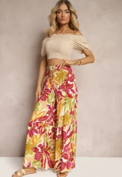 Żółto-Różowe Spodnie High Waist z Wiskozy Typu Palazzo z Gumkami w Talii Haestria