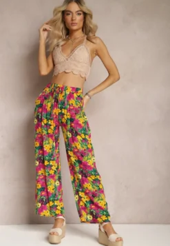 Żółto-Różowe Wiskozowe Spodnie z Prostą Nogawką High Waist w Kwiatowy Wzór Zaranima