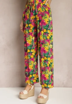 Żółto-Różowe Wiskozowe Spodnie z Prostą Nogawką High Waist w Kwiatowy Wzór Zaranima