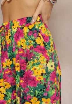 Żółto-Różowe Wiskozowe Spodnie z Prostą Nogawką High Waist w Kwiatowy Wzór Zaranima