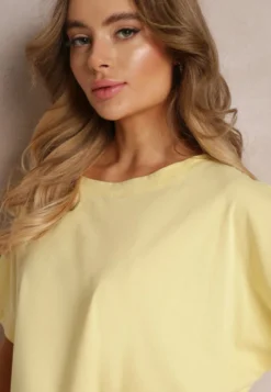 Żółty Bawełniany T-shirt Oversize z Krótkim Rękawem i Dłuższym Tyłem Zanimara