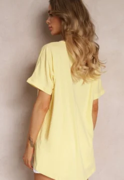 Żółty Bawełniany T-shirt Oversize z Krótkim Rękawem i Dłuższym Tyłem Zanimara